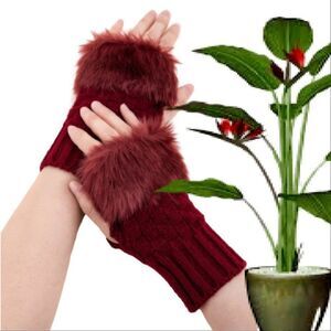 Burgundy Knit Fingerless Gloves Fuzzy Faux Fur Trimmed NEW